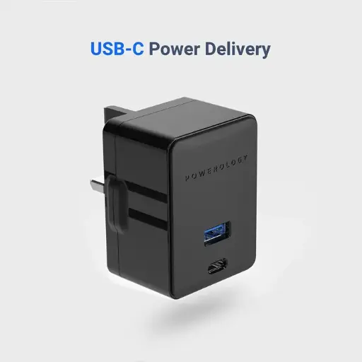 [P36PDQCUKBK] Powerology Ultra-Quick PD & QC Charger Dual Ports 36W Simultaneous Fast Charging For Two Devices-Black