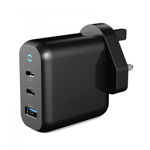 [P65PDWUKBK] شاحن حائط باورولوجي، توصيل طاقة من النوع C، شاحن جان ثلاثي المنافذ 65 وات - أسود