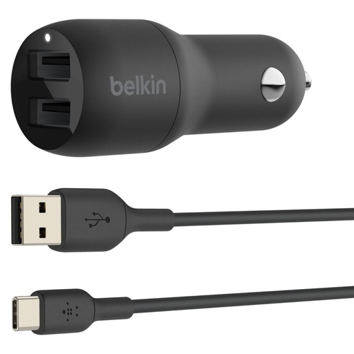 شاحن السيارة Belkin BoostCharge بمنفذَي USB-A بقدرة 24 واط + كابل USB-C بطول 1 متر – أسود