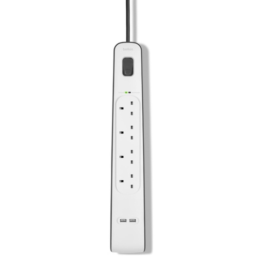 مشترك كهرباء Belkin بأربعة مقابس مع حماية من التيار المفاجئ وشحن USB، 2 متر – أبيض