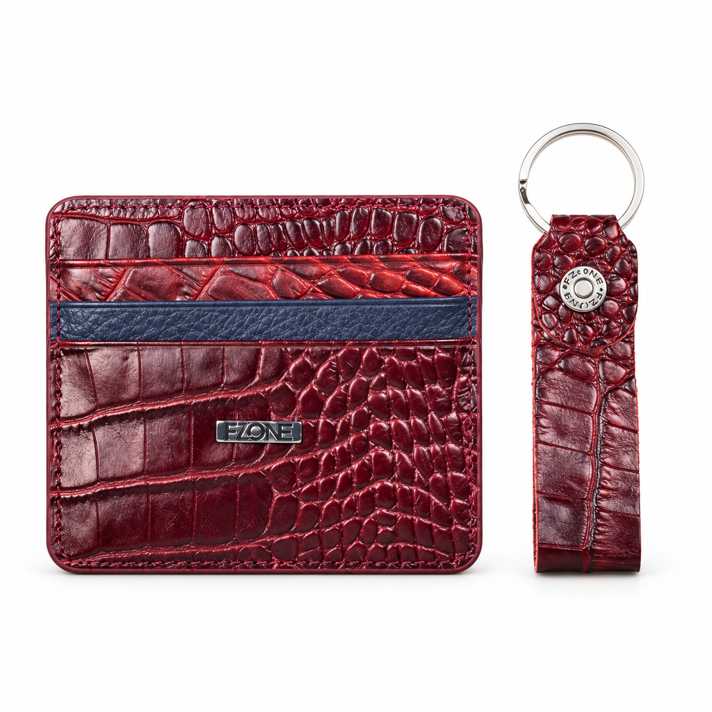 FZONE Leather Bifold Card Holder & Keyring – Claret Red