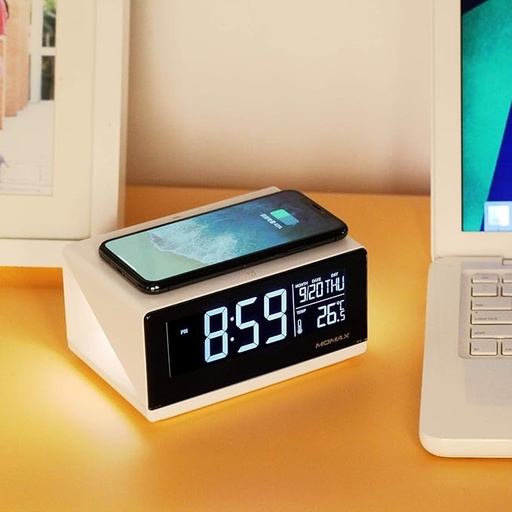 ساعة منبه رقمية 2 في 1 من موماكس Q.Clock مع قاعدة شحن لاسلكية ومحطة شحن QI