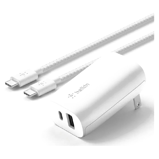 شاحن جداري ثنائي Belkin BoostCharge بقدرة 32 واط (USB-C PD + USB-A) – أبيض