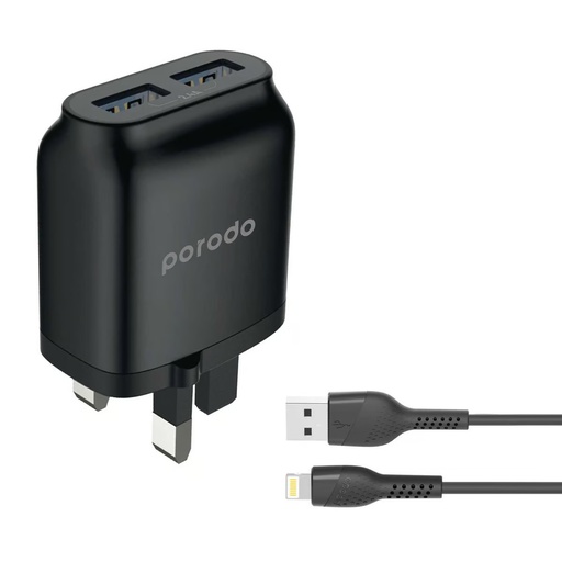 بورودو شاحن جداري بمنفذي USB، 2.4 أمبير، مع كابل لايتنينغ بطول 1.2 متر