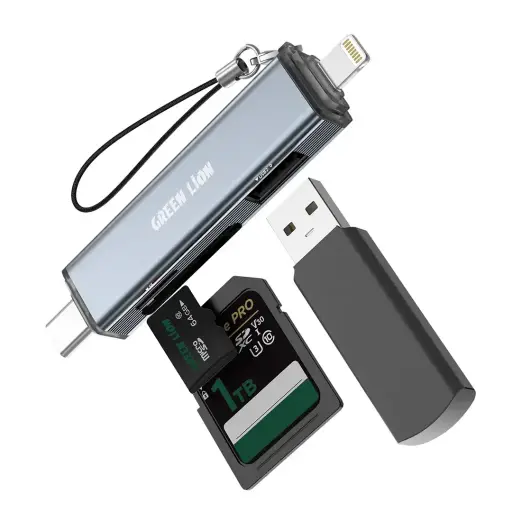 قارئ بطاقات Green Lion 3 في 1 مع اتصال USB-C و Lightning - رمادي