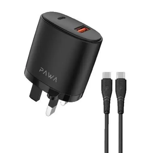[PW-PDQC3UKCC-BK] Pawa Solid Travel Charger Dual PD & QC Port With Type-C to Type-C Cable - Black