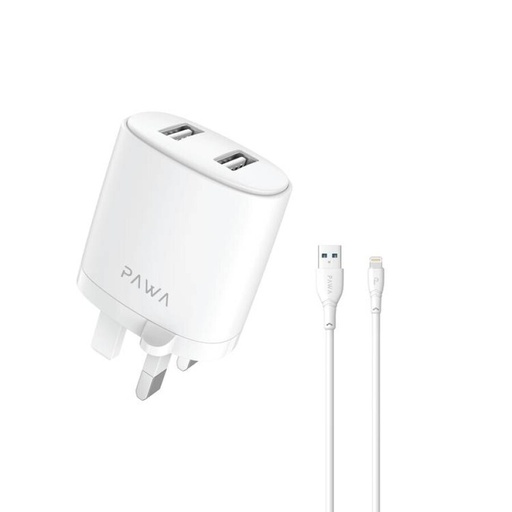شاحن سفر باوا الصلب بمنفذي USB بقوة 2.4 أمبير مع كابل لايتنينج - أبيض