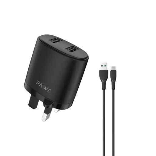 Pawa Solid Travel Charger Dual USB Port 2.4A With Lightning Cable-Black