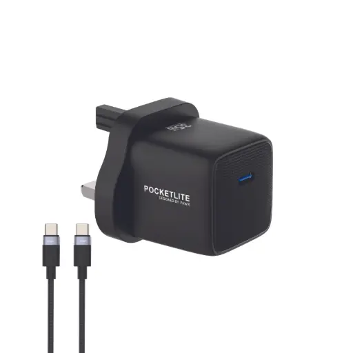 باوا شاحن سفر Pocketlite بقدرة 35 واط مع كابل USB-C إلى USB-C مجدول – أسود