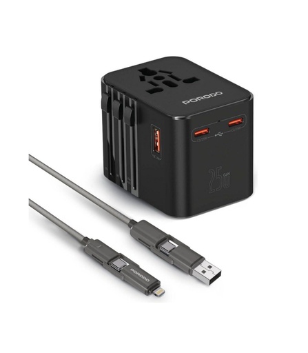 Porodo GaN Universal Travel Multi-Port Quick Charger Built-In 4-In-1 Braided Cable – Black