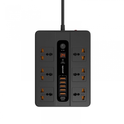 [PD-FWCH009-3M-BK] Porodo 6 AC 2 USB-A 24W & 4 USB-C PD 36W Multi-Port Super Hub 3M