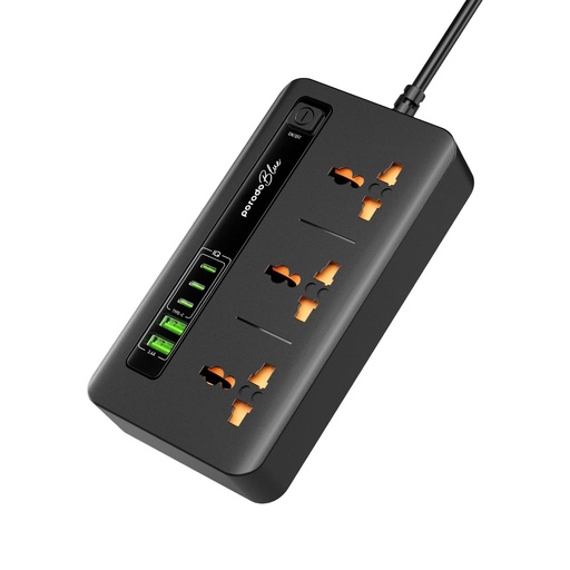 بورودو بلو مشترك كهربائي بثلاثة مقابس ومنفذي USB-A وثلاثة USB-C، كابل 2 متر وقدرة 3000 واط – أسود