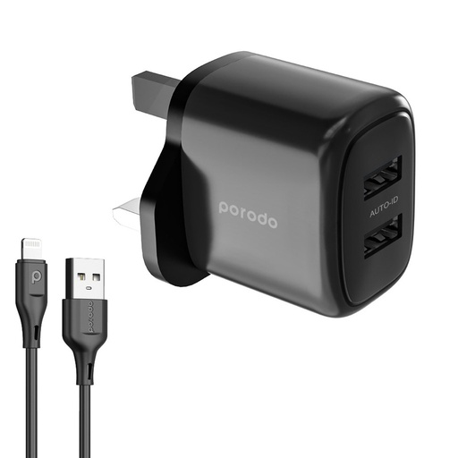 Porodo Dual Output Charger With USB-A Lightning Cable 1.2m