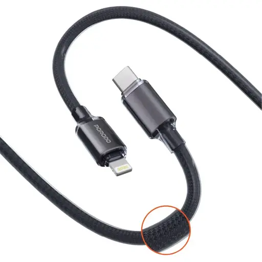 كابل Porodo USB-C إلى Lightning مضفر - أسود