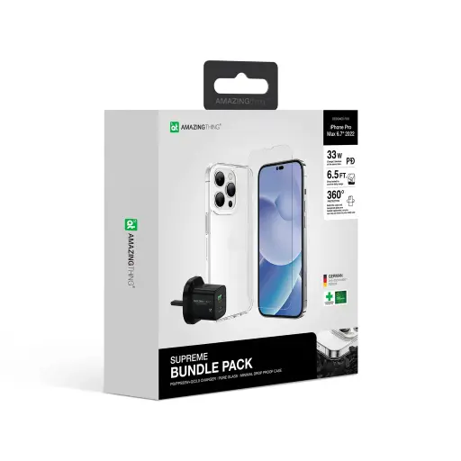Amazing Thing Supreme Bundle Case With Screen and Charger 14 Pro 6.1'' - Clear
