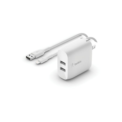 [WCE001MY1MWH] Belkin Dual Usb-A Wall Charger 24w With To Usb-C Cable 1m - White