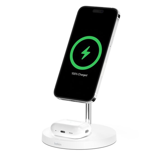 [WIZ010MYWH] حامل شاحن لاسلكي Belkin Boost Charge Pro 2 في 1 مع MagSafe باللون الأبيض