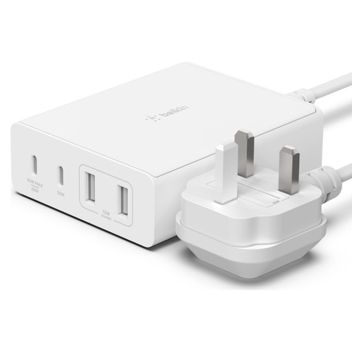 شاحن Belkin BoostCharge Pro GaN بأربعة منافذ بقدرة 108 واط (2× USB-C و2× USB-A) – أبيض
