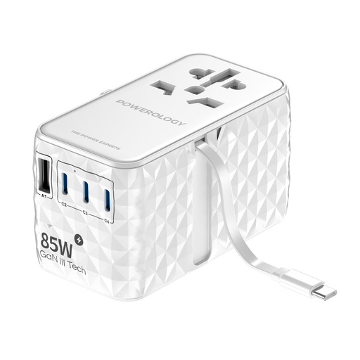 باورولوجي شاحن GaN عالمي بقدرة 85 واط مع كابل USB-C قابل للسحب – أبيض