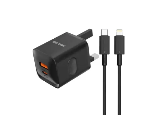 شاحن حائطي مزدوج المنفذ من بورودو في المملكة المتحدة مع كابل USB-C إلى Lightning - أسود