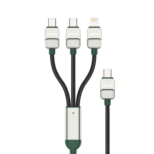 كابل Green Lion 3 في 1 مضفر من النوع C إلى C+C+L - أسود + أخضر داكن