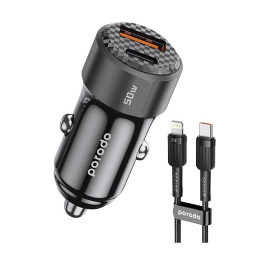 [PD-CC50WL-BK] Porodo 50W Dual Port Car Charger Braided Cable Included Type-C to Lightning