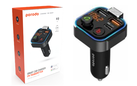 Porodo Smart Car Charger FM Transmitter With 24W PD Port and QC3.0