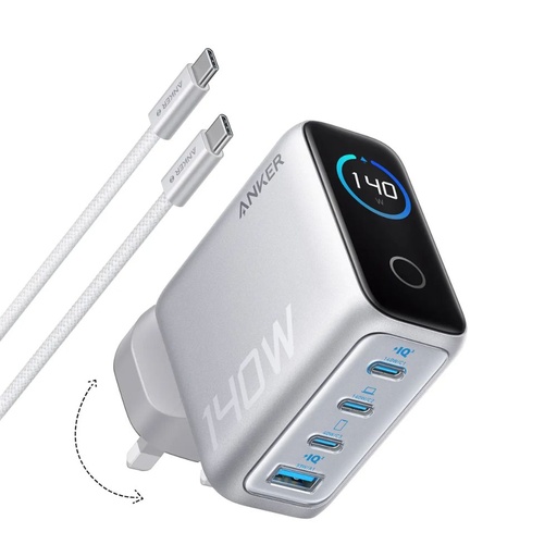 أنكر شاحن بأربعة منافذ وقدرة 140 واط بتقنية PD 3.1 مع كابل USB-C – فضي