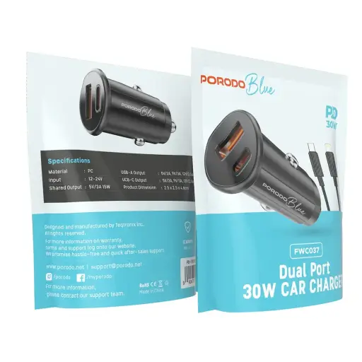 Porodo Blue Dual Port 30W Car Charger with C-lightning Cable - Black