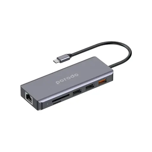 Porodo 9-in-1 USB-C Hub with HDMI, Ethernet, USB, Card Readers and Audio - Grey