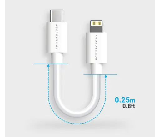[P025BCLWH] كابل بيانات وشحن سريع من Powerology USB-C إلى Lightning - (0.25 متر/0.8 قدم) أبيض