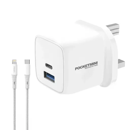شاحن سفر PocketMini بمنفذي PD وQC بقوة 20 وات مع كابل من النوع C إلى Lightning