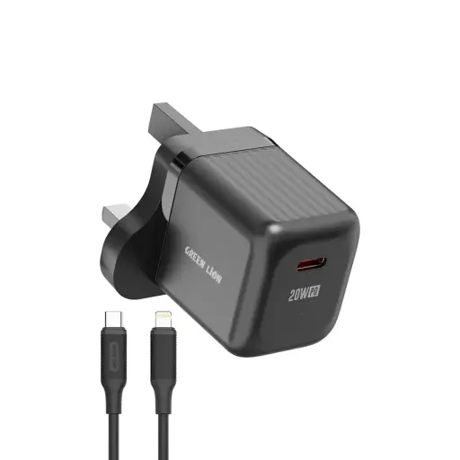 [990478124127] Green Lion Ultra Compact GaN Wall Charger with USB-C to Lightning Cable - Black