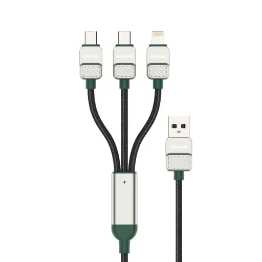 كابل Green Lion 3 في 1 مضفر USB-A إلى C+C+L - أسود + أخضر داكن