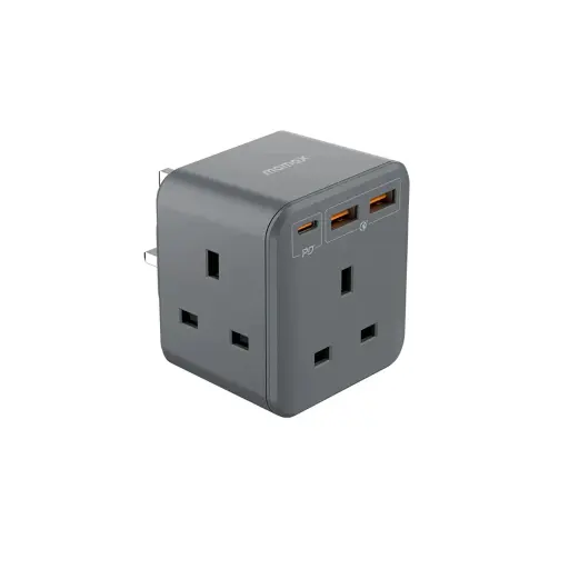 [US8UKE] Momax Oneplug 3 Outlet Cube Extension Socket With USB Gray