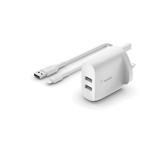 [WCD001MY1MWH] شاحن حائط Belkin BoostCharge ثنائي USB-A بقوة 24 وات + كابل Lightning إلى USB-A