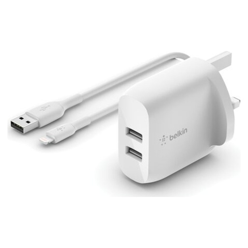 Belkin BoostCharge Dual USB-A Wall Charger 24W + Lightning Cable 1m – White