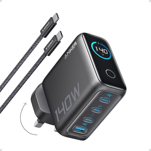 [B2697KZ1] شاحن أنكر 140 واط، 4 منافذ، يدعم تقنية الشحن السريع PD 3.1، مع كابل USB-C - رمادي داكن