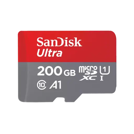 [MC200] بطاقات ذاكرة SanDisk Ultra microSD سعة 200 جيجابايت وسرعة نقل بيانات 100 ميجابايت/ثانية - أحمر ورمادي