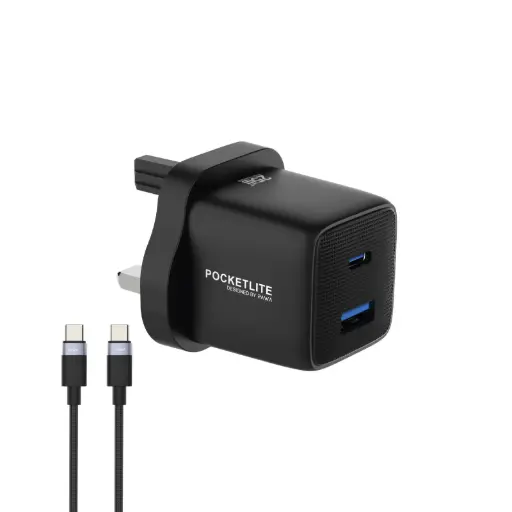 [PW-PL1U1PUKT-BK] شاحن باوا بوكيت لايت للسفر بقوة 25 واط، يتضمن كابل USB-C مضفر إلى USB-C بقوة 60 واط - أسود