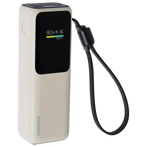 [PDPBFCH098BG] Porodo Smart Display 20000mAh Power Bank with Built-In Type-C Cable - Beige