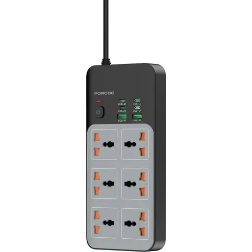 Porodo 3000W | 6AC Universal Power Strip with 6 USB Ports (4C + 2A) - Gray