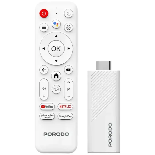 [PDH313WH] Porodo 4k Android Smart Streaming TV Stick with Google Assistant & Voice Control - White
