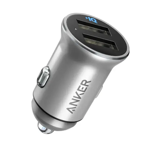 أنكر شاحن سيارة باور درايف 2 بمنفذي USB وقدرة 24 واط بهيكل معدني – فضي
