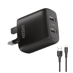 شاحن حائط مزدوج بمنفذي USB من جرين ليون، بقوة 12 واط، مناسب للمملكة المتحدة، مع كابل لايتنينج من مادة PVC بطول 1.2 متر - أسود