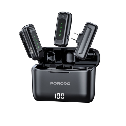 [PD-LDMCLA-BK] Porodo Lavalier Double Microphone with Charging Case - Black